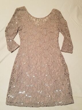 Chelsea & Violet Lace Sequin Scoop Neck Dress in Taupe